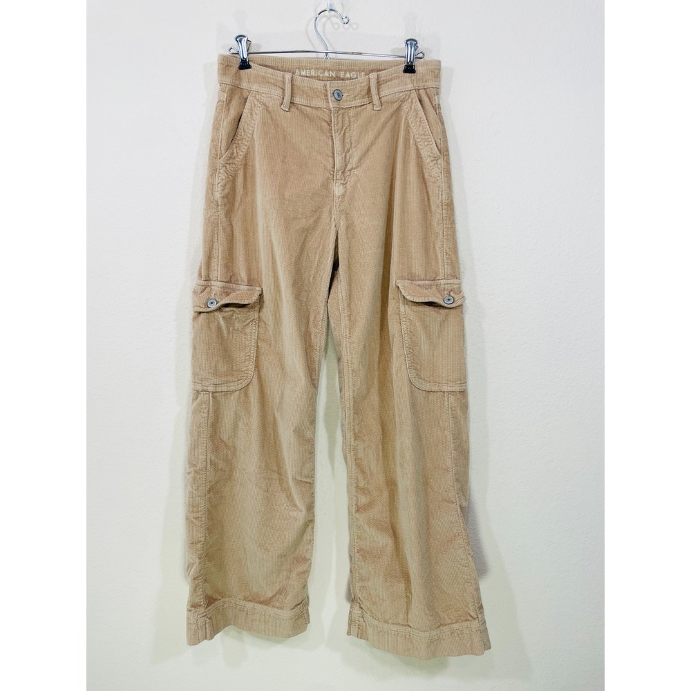 American Eagle 2 Short Super High Rise Baggy Wide Leg Beige Corduroy Cargo Pants